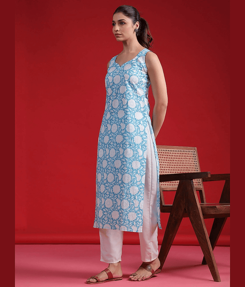 Shivaradhya designers Women Cotton Printed Straight Kurti ( Aqua Blue ) view 2