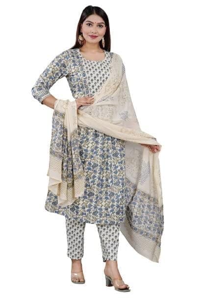 MANMAYEE Women's Badala Work On Yoke Cotton Nyra Cut Kurti with Pant & Dupatta | Nyra Cut Kurti
