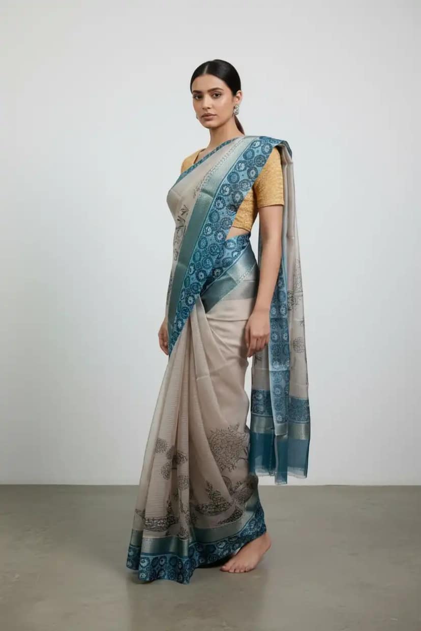 Kota Doria Cotton-Silk Saree, Block-Printed Peacocks with Zari Border
