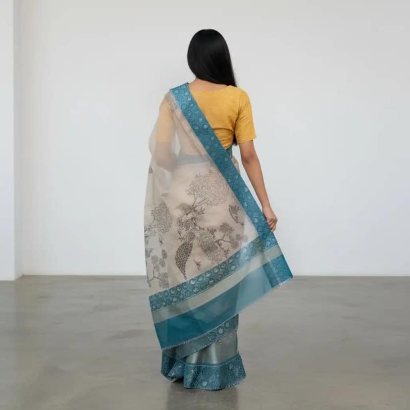 Kota Doria Cotton-Silk Saree, Block-Printed Peacocks with Zari Border view 2