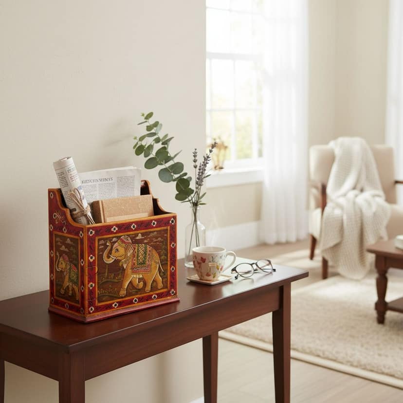 Hand Painted Solid Wood Newspaper Holder | Storage Furniture | Multicolor | 34 x16 x 39 cm view 2