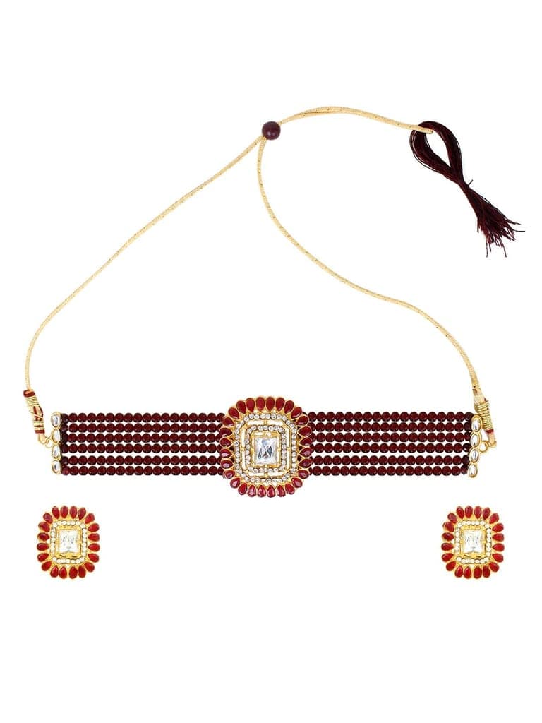 Cardinal Kundan Maroon Multistring Onyx Gold Plated Brass Choker Necklace Set view 2