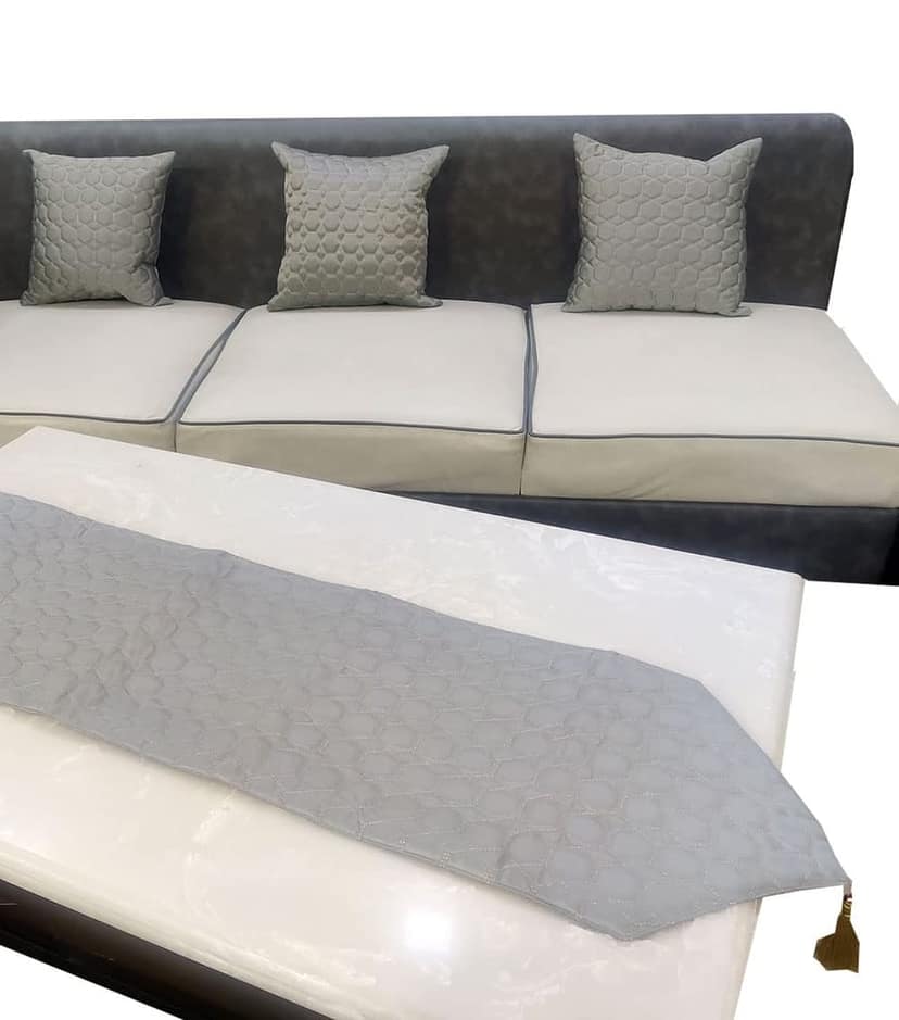 GOODVIBES Grey Silver Woven 3 Square Quilted Cushion Cover and 1 Table Runner Combo Luxury Modern Pillow Cover for Sofa Living Room Bedroom |16X16 Inch I12 X 59 Inch Table Runner