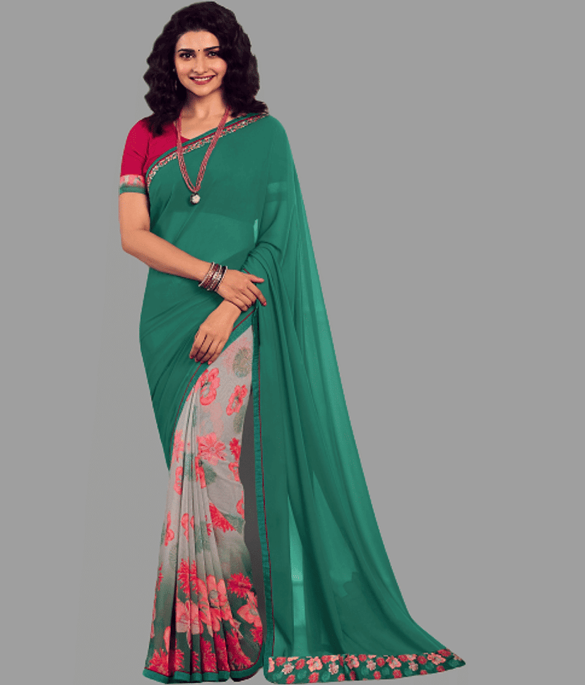 BLEESBURY Georgette Printed Saree With Unstitched Blouse Piece ( Sea Green )