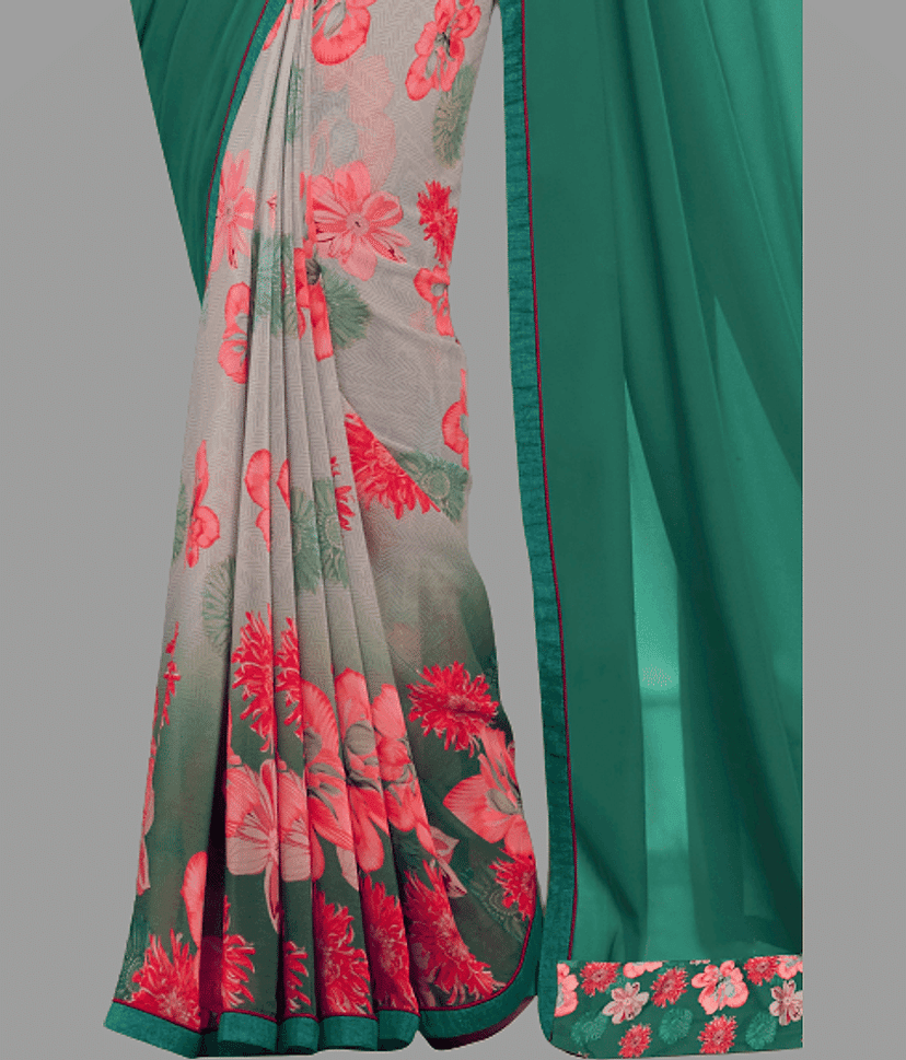 BLEESBURY Georgette Printed Saree With Unstitched Blouse Piece ( Sea Green ) view 2
