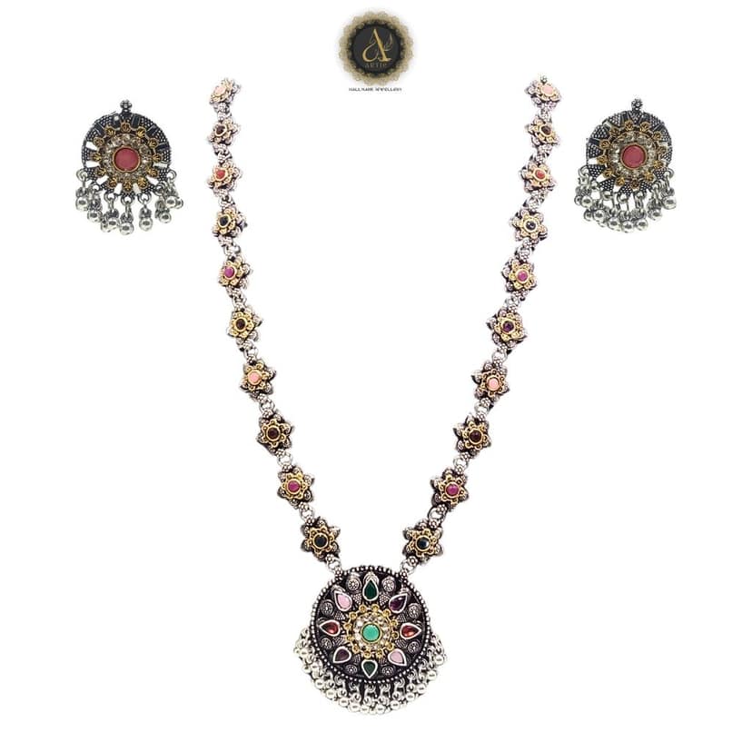 ARTIK HALLMARK Luxury Handcrafted Necklace Jewellery Set with Ear Rings, Oxidized, Round Pendant view 2