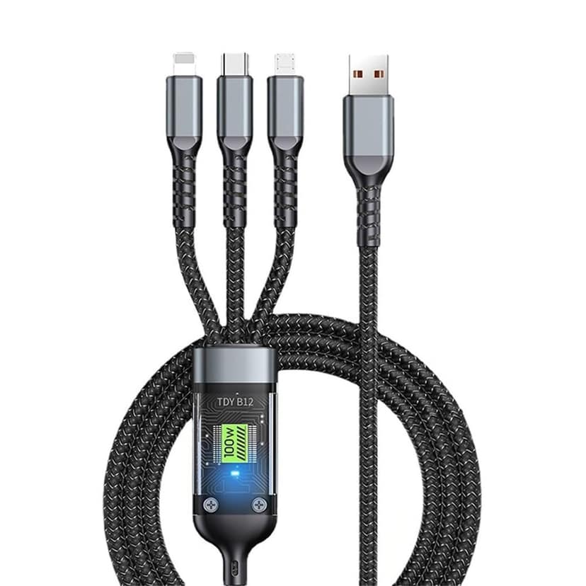 100W/6A Fast Charging Usb 3.0 To 3-In-1 Long Charging Cord With Type C + Micro Usb + Light/ning Connector 480 Mbps Data Transfer For Laptop, Tablets, Smartphones & More, (Black 3.3 Ft / 1M)