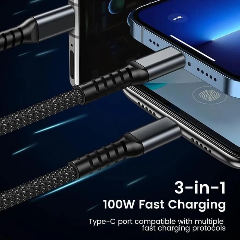 100W/6A Fast Charging Usb 3.0 To 3-In-1 Long Charging Cord With Type C + Micro Usb + Light/ning Connector 480 Mbps Data Transfer For Laptop, Tablets, Smartphones & More, (Black 3.3 Ft / 1M) view 2