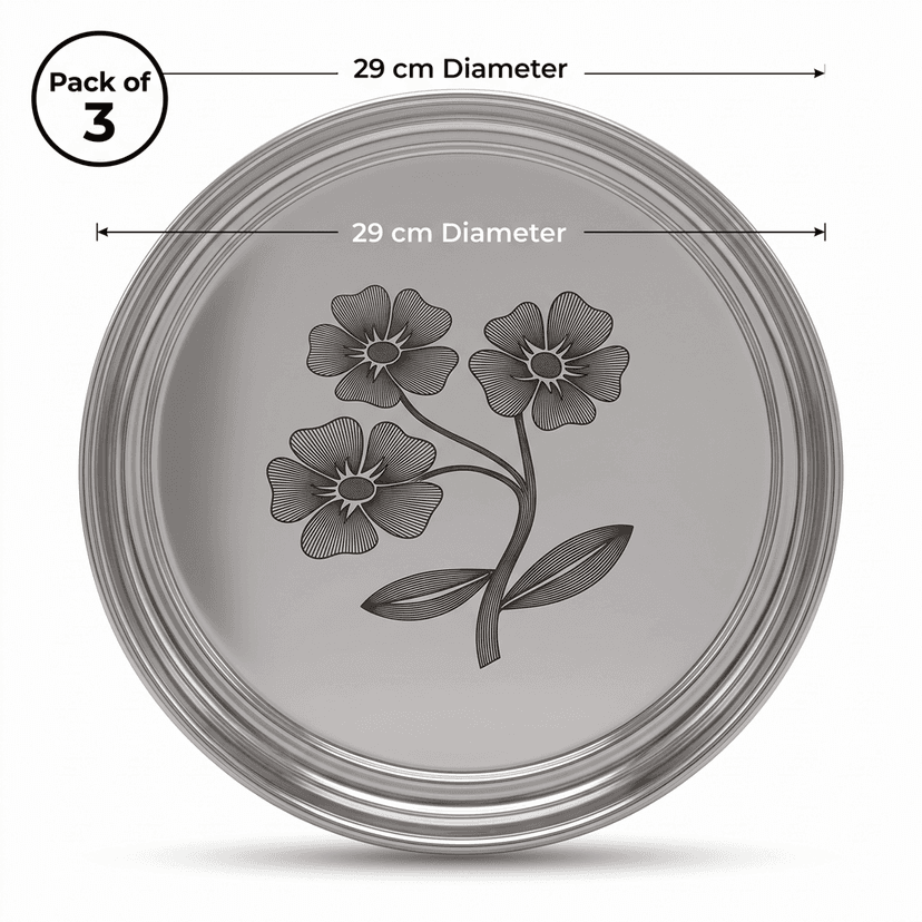 WEKTU Stainless Steel Rajbhog Gol Dinner Plate with Laser Floral Print (29 cm Diameter) – Premium Heavy Gauge Mirror Finish Round Thali for Lunch & Dinner | Food Grade, Durable & Rust Proof view 2