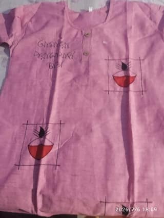 Pink Hand-Painted Cotton Kurti with Bengali Script | Ethnic Casual Wear | Daily Comfort