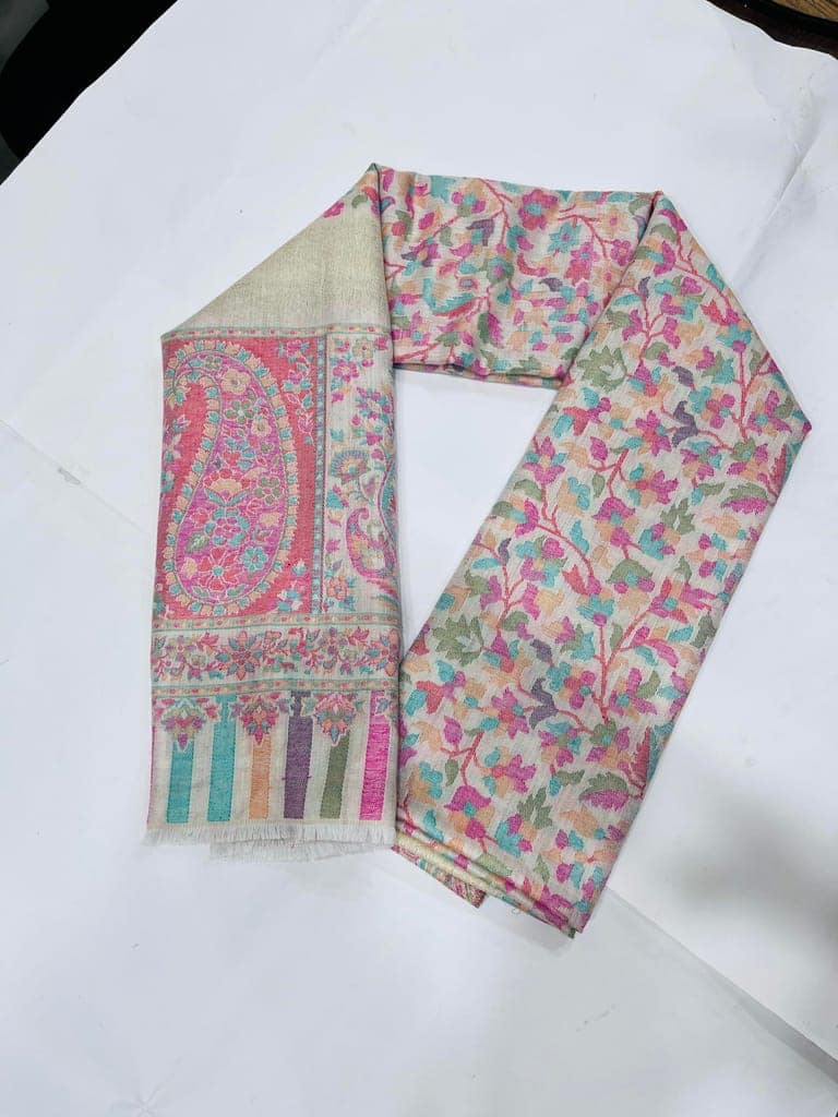 TULIP Traditional Artisians' Upliftment Livelihood Program Floral Pashmina Shawl, Pink and Turquoise Pattern, Striped Border, Cream Base view 2