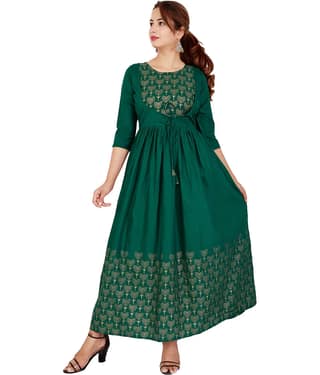 EXPORTHOUSE - Green Cotton Women's Flared Kurti ( Pack of 1 )