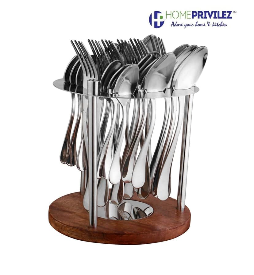 Daisy Cutlery - Stainless Steel 24pcs Cutlery in Stainless Steel stand with wooden base view 2