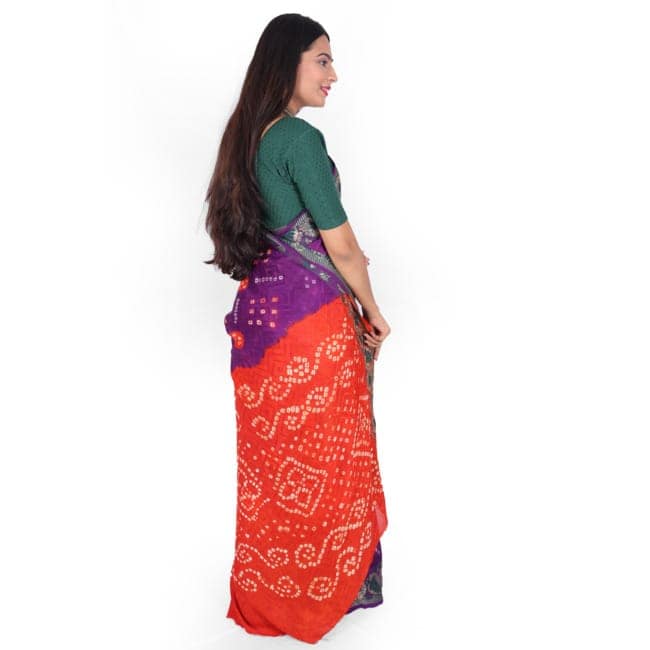 Tribes India Handwoven Violet and Red Maroon Bandhej Saree view 2