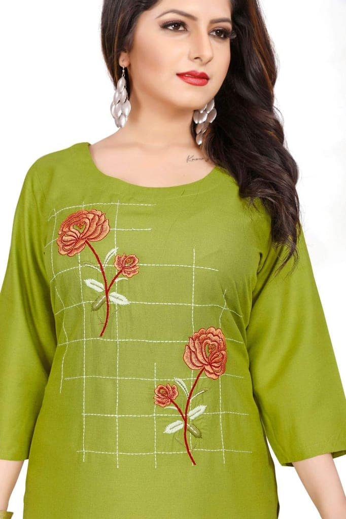 STYLEOO Women's Rayon 3/4 Sleeves Embroidered Kurti (Light Green) (M, L, XL, XXL) view 2