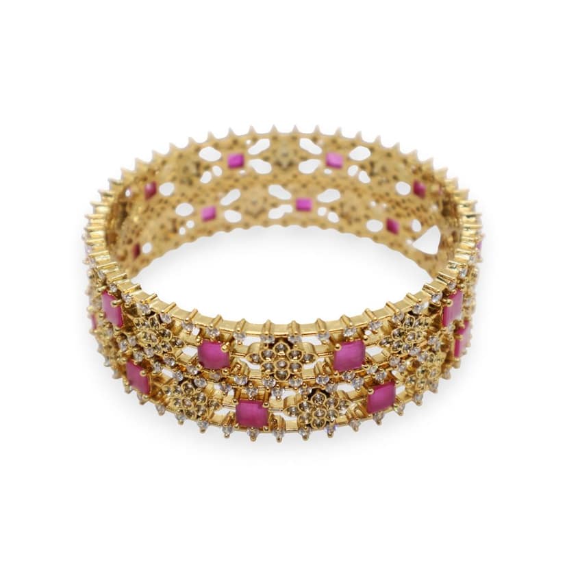 Royal Radiance Gold-Plated Bangle with Pink Stone Embellishments view 2
