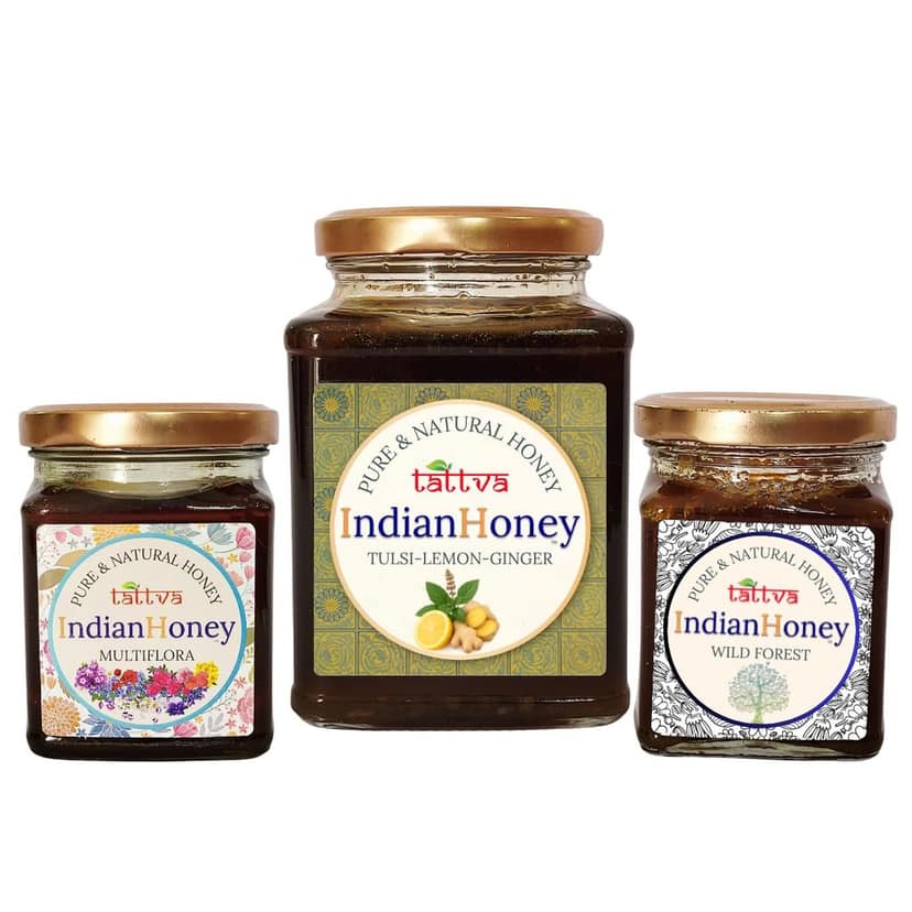 IndianHoney Ayurvedic & StressRelief Tulsi Infused Honey, Wild Forest Honey, & Himalayan Multiflora Triple Combo Pack (500gm + 2x230gm)