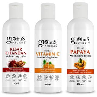 Globus Naturals Body Lotion Combo Set of 3 Kesar Chandan Vitamin C Papaya Body Lotion For NonGreasy Lightweight Body Moisturizer for Women Men All Skin Types