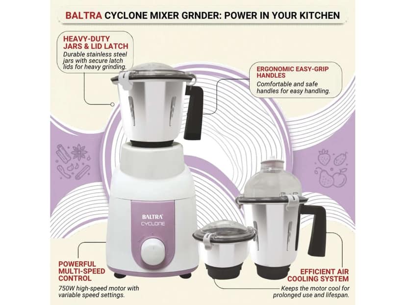 Baltra Cyclone Mixer Grinder 1000W, Powerful Motor with Overload Protector, 3 Stainless Steel Jars, Heavy-Duty Grinding for Indian Kitchen view 2