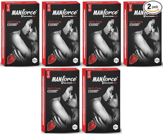 Manforce Xotic Strawberry Flavoured Extra Dotted Condoms for Men| Extra Dotted for Her Extra Stimulation| Lubricated Latex Condoms | 10 pcs x Pack of 6