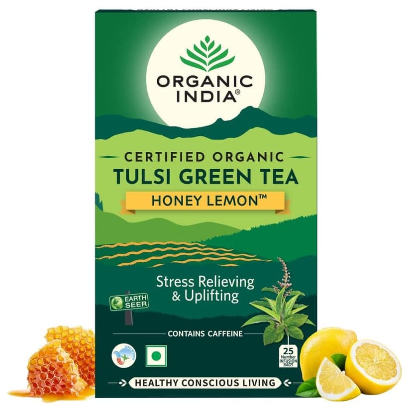 A TATA Product - Organic India Tulsi Green Tea Honey Lemon - 25 Tea Bags, Refreshing Blend with Tulsi, Green Tea, Lemon & Honey Flavors, Naturally Sourced Ingredients, Staple-Free Bags Certified Organic