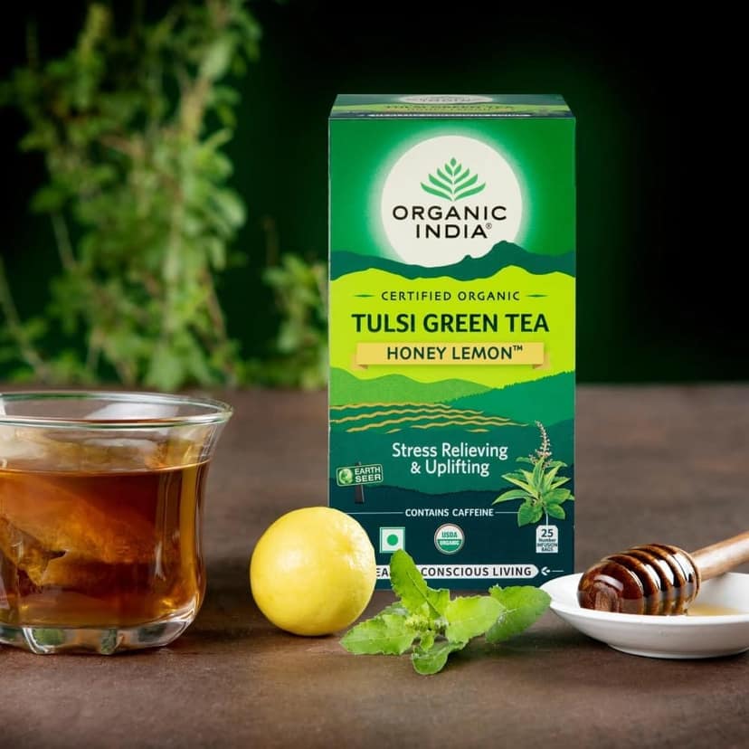 A TATA Product - Organic India Tulsi Green Tea Honey Lemon - 25 Tea Bags, Refreshing Blend with Tulsi, Green Tea, Lemon & Honey Flavors, Naturally Sourced Ingredients, Staple-Free Bags Certified Organic view 2