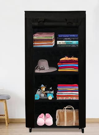 PHILOSHOP 4-Shelves Durable Metal Frame Modular Shoe Rack with 10-Inch Gapping in each Shelf & 100 GSM Fabric in Black