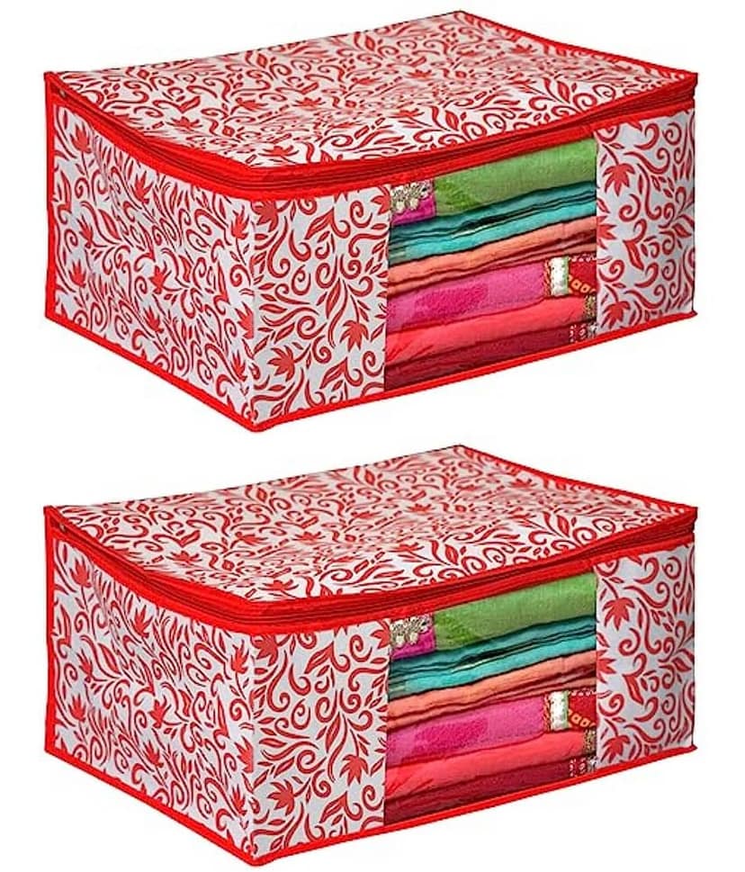 Non-Woven Saree Cover Cloth Storage & Organizer ( Pack of 2 ) Red Multi Saree Cover