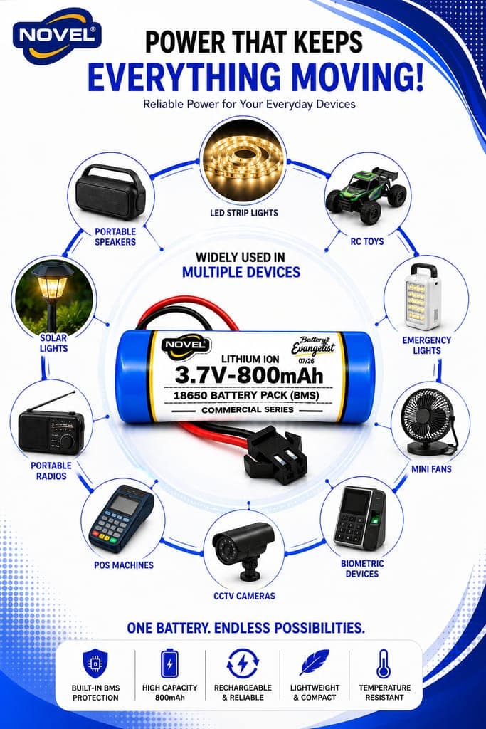 NOVEL 3.7V 18650 LITHIUM ION SM PIN BATTERY WITH CHARGING CABLE- 800mAh view 2