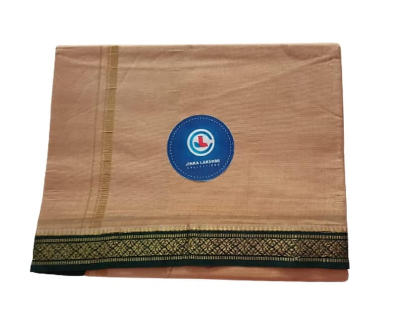 Jinka Lakshmi Collections 100% Handloom Biege Color Cotton Dhoti With Zari Border Up and Down 4 Meters Unstitched Pack of 2 (Multicolor-03) view 2