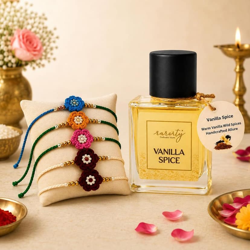 Rareity Vanilla Spice Perfume | Warm, Spicy & Cozy Fragrance | Sweet Vanilla with Hints of Cinnamon | Handmade 2 Rakhi Gift Combo | Premium Raksha Bandhan Gift Set for Brother & Sister | Long Lasting Perfume | Ready-to-Gift Box view 2