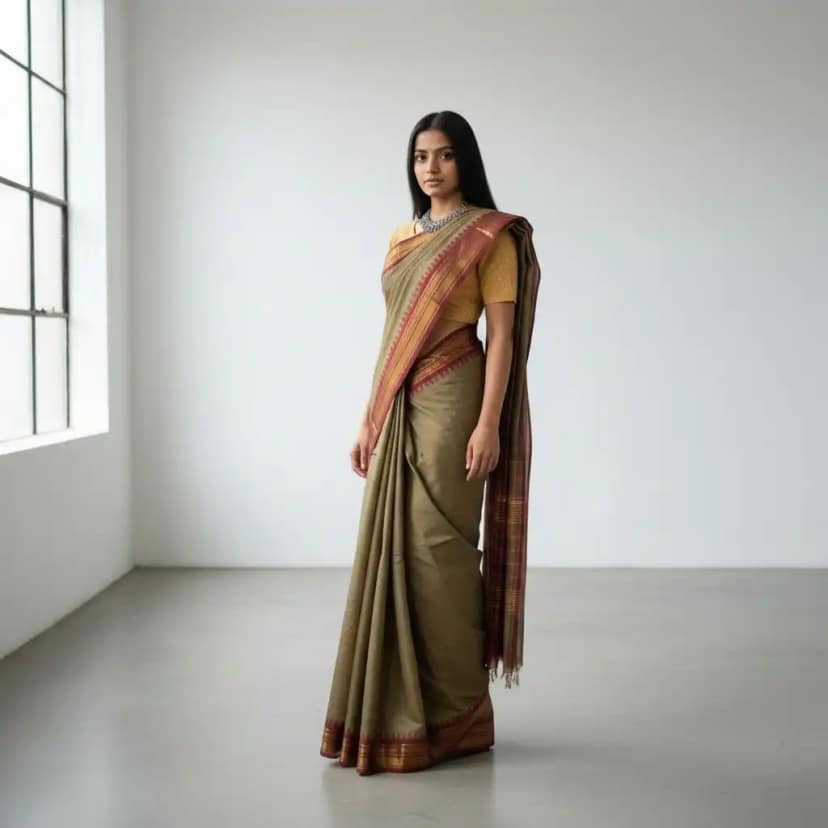 Handwoven Kanchipuram Cotton Saree in Khaki Brown with Temple Border view 2