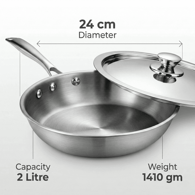 WEKTU Triply Stainless Steel Frypan with Stainless Steel Lid– 3-Layer Heavy-Gauge Frying Pan with Riveted Cool Touch Handle | Induction & Gas Compatible Skillet view 2