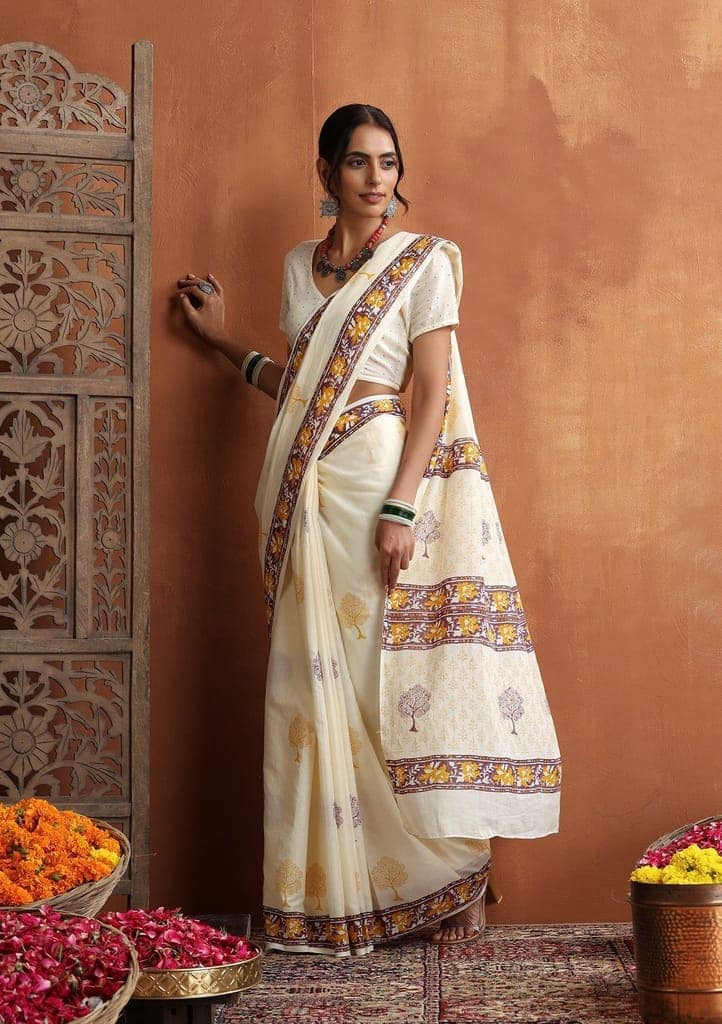 HOC Crafts Hand Block Mulmul Printed Women's Saree - Beige view 2