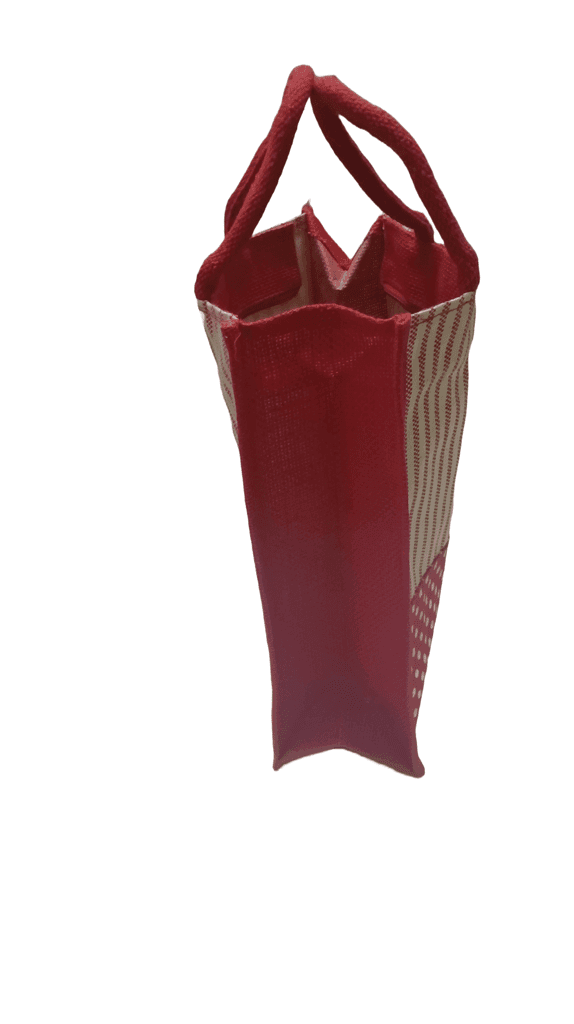 Red and White Striped Jute Bag with Polka Dotted Bottom view 2