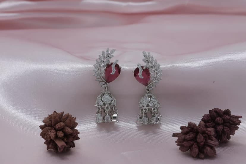 Rhodium Plated Ruby red Stone Leaf Motif Jhumka Drop Earrings