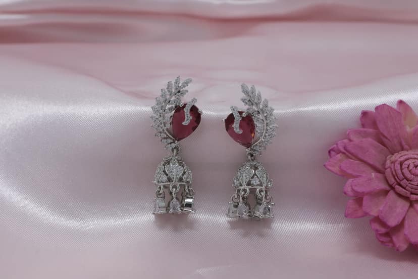 Rhodium Plated Ruby red Stone Leaf Motif Jhumka Drop Earrings view 2