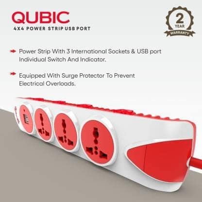 Fybros Qubic 4x4 International Sockets Power Extension Box 2 Metre Power Cable With Individual Switch, indicators and 2 USB Ports 3 Socket Extension Boards (White, Red, 2 m, With USB Port) view 2