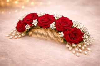 Artificial Rose with white Parag and Pearls Hair Brooch.