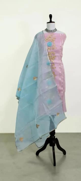 Handwoven Kota Doria Cotton-Silk Dress Material with Zari Border, Aqua