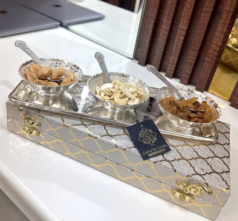 Silver Plated Bowl Set With Tray and Spoon Used for Dry Fruit, Sweets and Home Decor for Birthday, Anniversary, Diwali, Return Gift Items .(S-503-CAPLm-7P-SRB) view 2