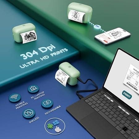 SEZNIK Mini Printer, Ultra HD Print 304 dpi | Inkless | Portable | Bluetooth Compatible with Android iOS | 1 Year Warranty (Mini-UltraHD-Green) view 2