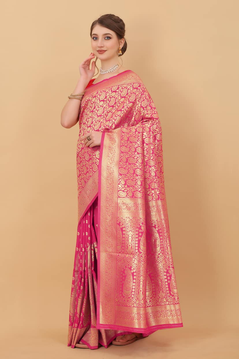 Yavira silk Women's Pink Handwoven Silk Blend Saree view 2
