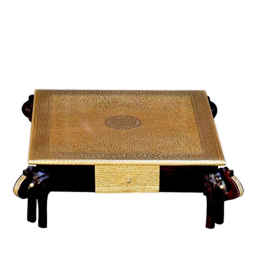 Handcrafted Wooden Coffee Table / pooja chowki with Brass Overlay and Elephant Base Size:- 15x15x6 view 2