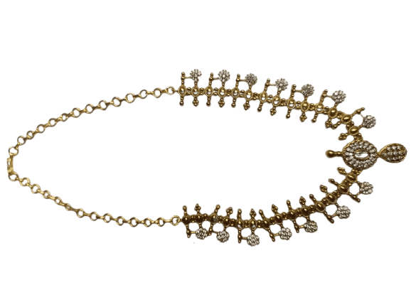 Gold-plated traditional Indian necklace with intricate detailing and white stones. view 2
