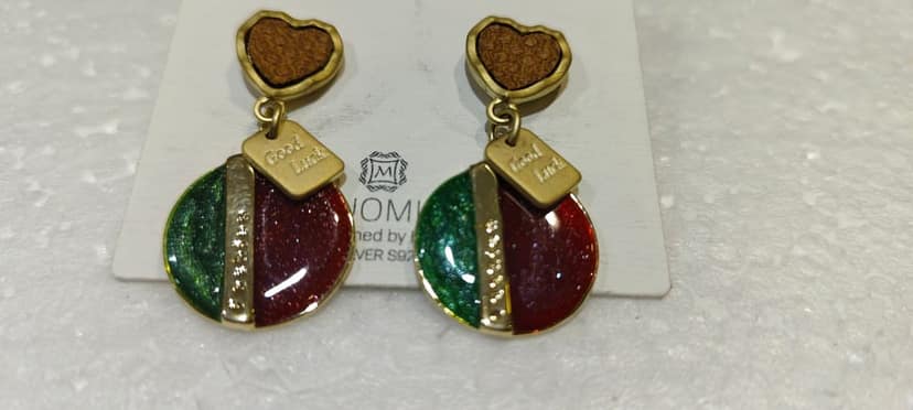 Trendy Green and Red Enameled Heart Drop Earrings view 2