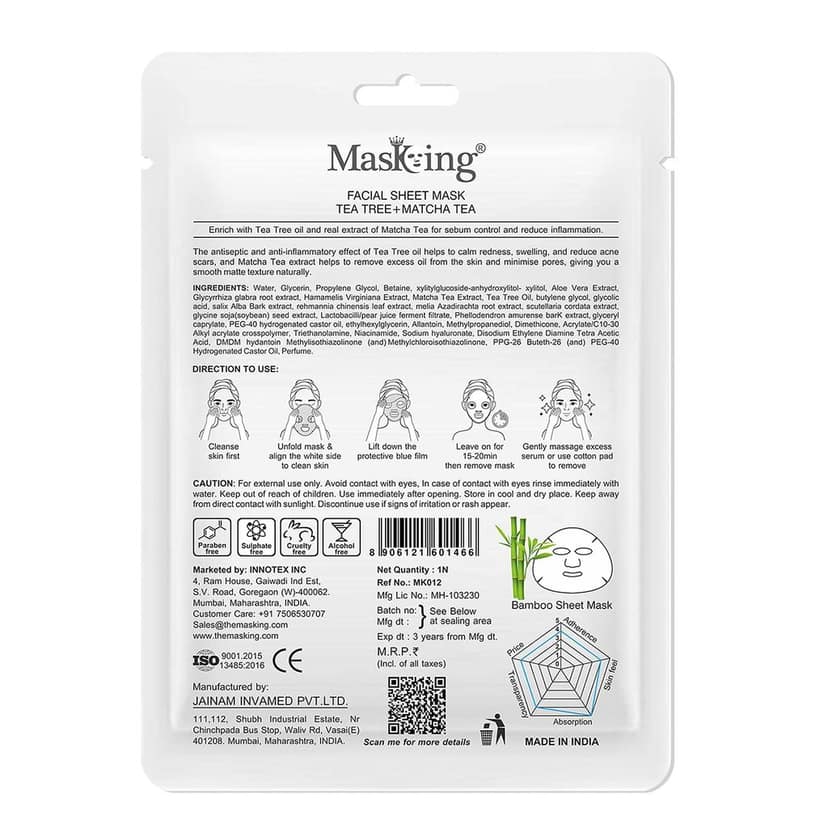 MasKing Bamboo Facial Sheet Mask of Tea Tree & Matcha Tea for Sebum Control Ideal for Women & Men 20ml, (Pack of 1) view 2