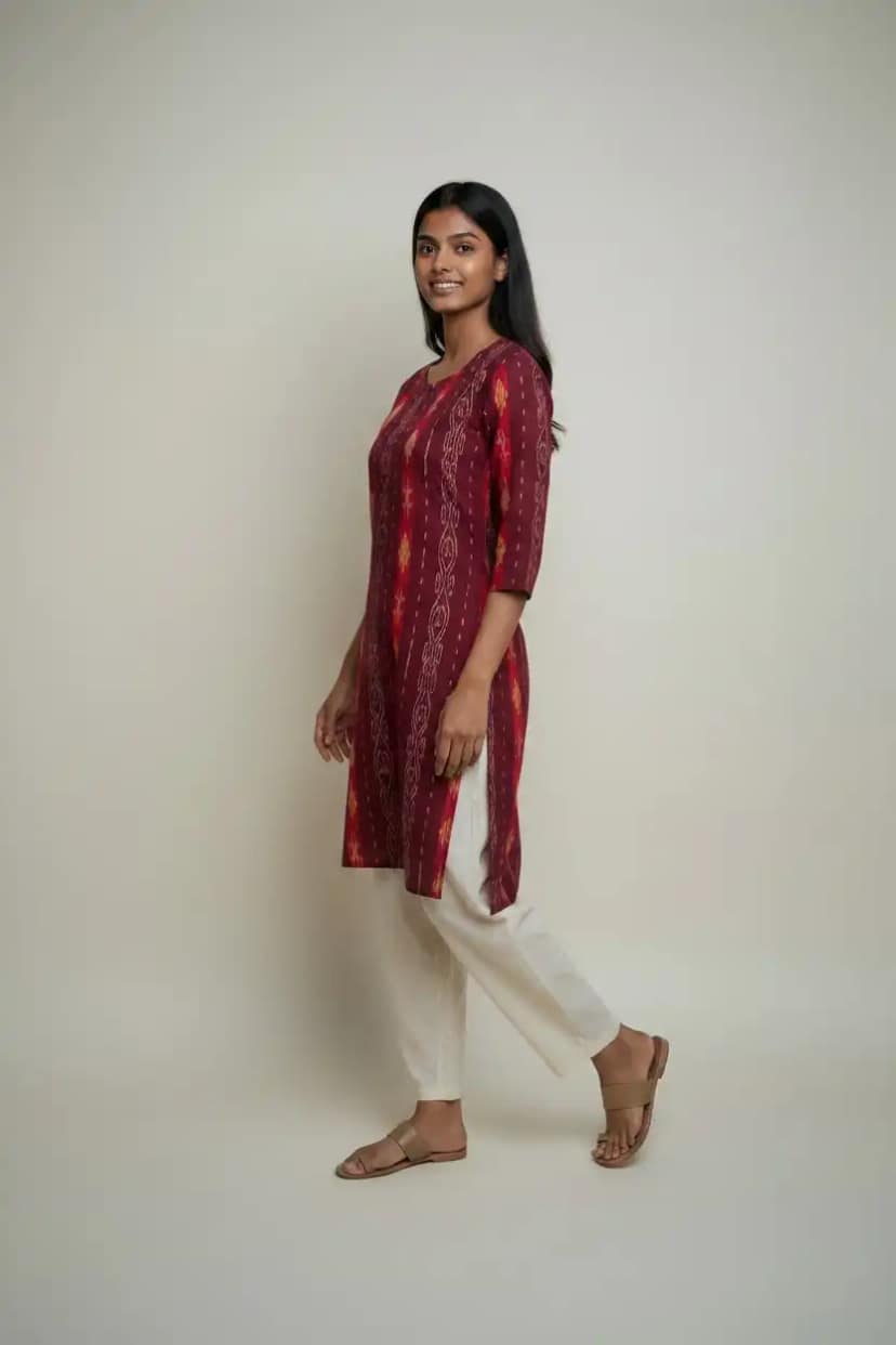 Handwoven Sambalpuri Cotton Kurti in Red with Bandha Tie-Dye view 2