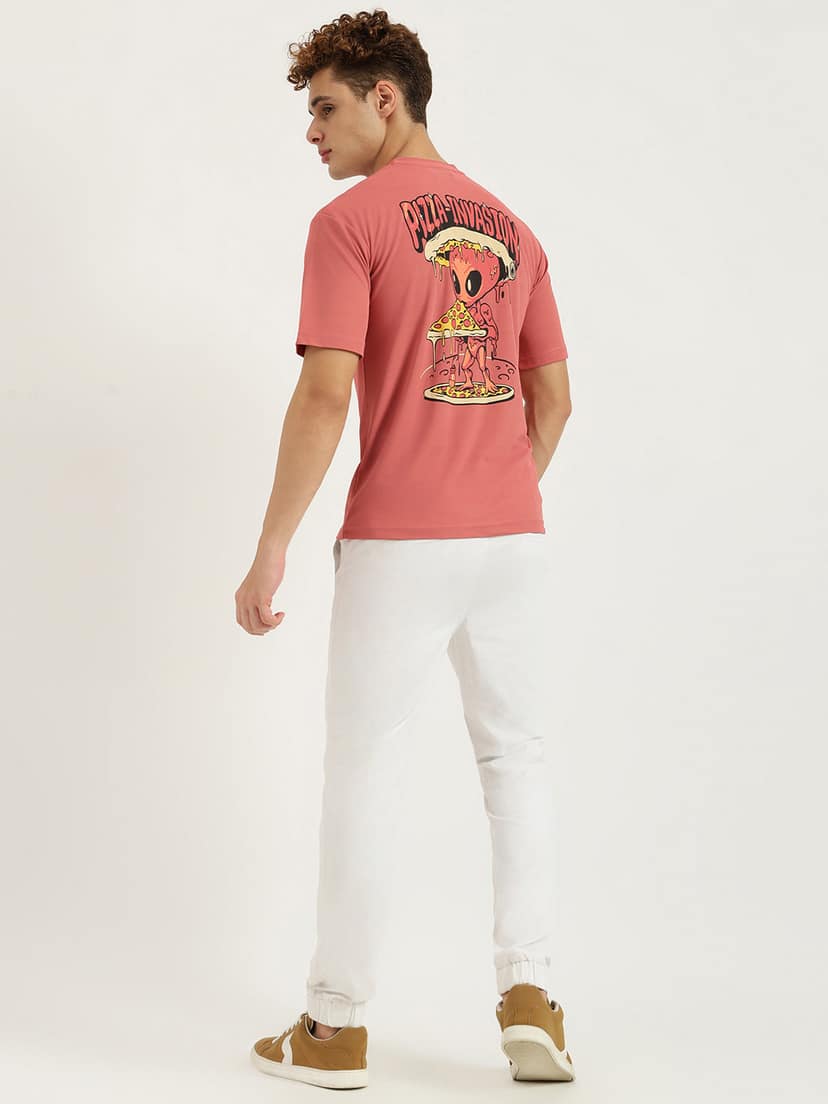 Pizza Invasion Back Print Oversized T-shirt Pink
