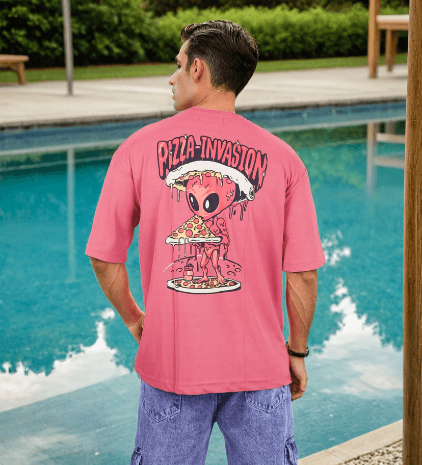 Pizza Invasion Back Print Oversized T-shirt Pink view 2